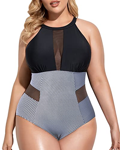 Mesh Cut Out One Piece Swimwear For Plus Size Women-Black Stripe