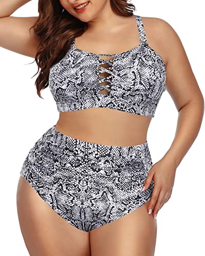 Front Lace Up Ruched Tummy Control Bikini For Plus Size Women-Orange Snake Print