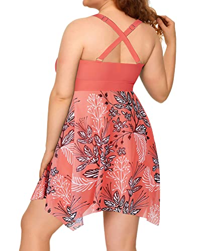 Plus Size Two Piece Mesh Swim Dress Boyshorts For Women-Pink Flower