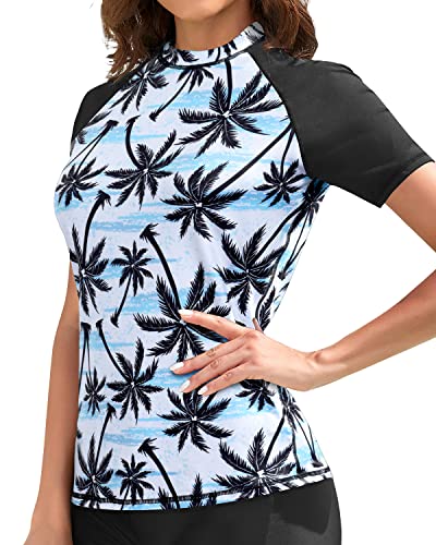 Stylish Women's Swim Top Multiple Color Options Short Sleeve Rashguard Top Swim Shirt-Black Palm Tree