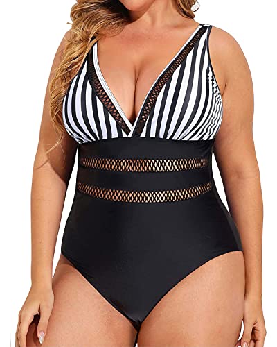 Comfortable Removable Padded Slimming One Piece Swimsuits-Black And White Stripe