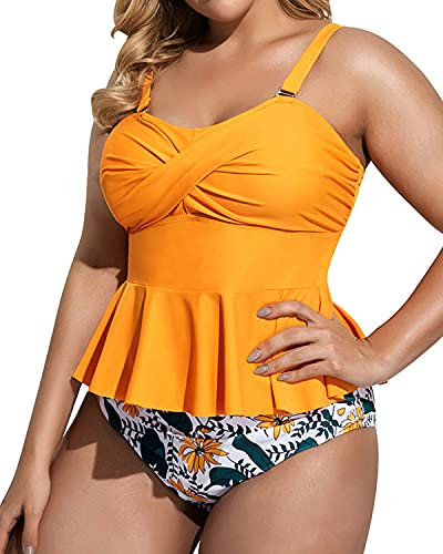 Adjustable Strap Twist Front Two Piece Tankini Set-Yellow Floral