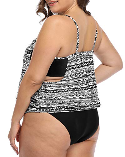 Mom Belly Coverage Plus Size Tankini Swimsuits-Black White Stripe