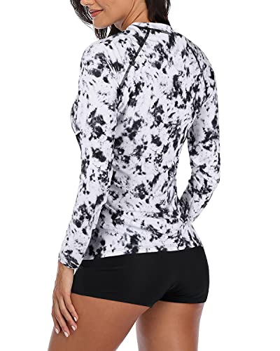 Ladies Two Piece Long Sleeve Rash Guard Bathing Suit-Black And White Tie Dye