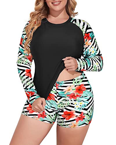 Plus Size Long Sleeve Rash Guard Swimsuit Set Boy Short Swimwear-Black And Striped Leaves