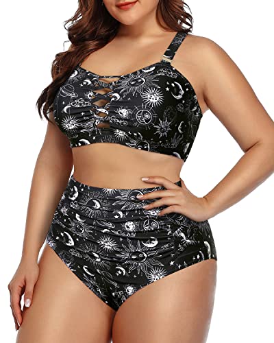 Flattering Ruched Two Piece Bikini For Plus Size Women-Black Sun And Moon