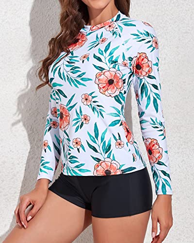 Women's Long Sleeve Rash Guard Bathing Suit Set Rashguard Shorts-White Floral