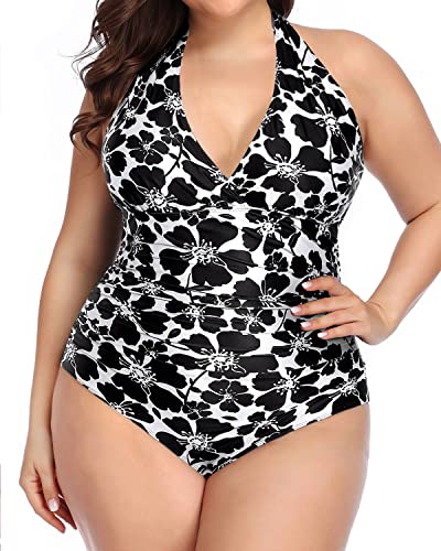 Self-Tie Halter Strapless Plus Size One Piece Swimsuits-Black And White Floral