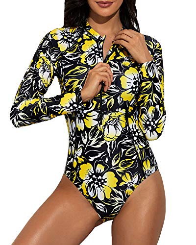 Women's Surfing Rash Guard Swimsuit Zipper And Upf 50 Protection-Black And Yellow Floral