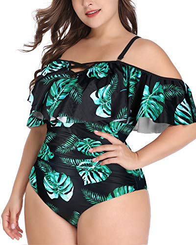 Retro Style Tummy Control Plus Size One Piece Swimsuits-Black And Green Leaf