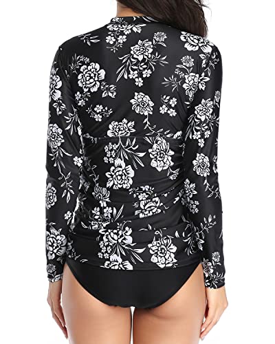 Breathable Rash Guard Swim Shirt For Women Upf 50-Black And White Floral