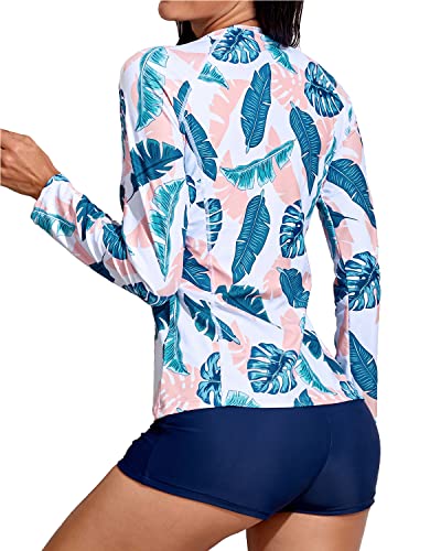 Two Piece Women's Long Sleeve Rash Guard Bathing Suit Zipper-Blue Pink Leaves