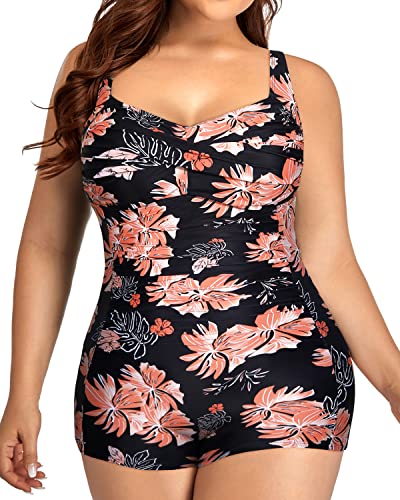 Boyshort Tummy Control Plus Size Bathing Suits-Black Orange Floral