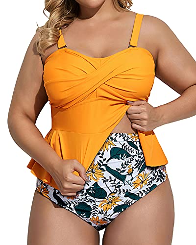 Adjustable Strap Twist Front Two Piece Tankini Set-Yellow Floral