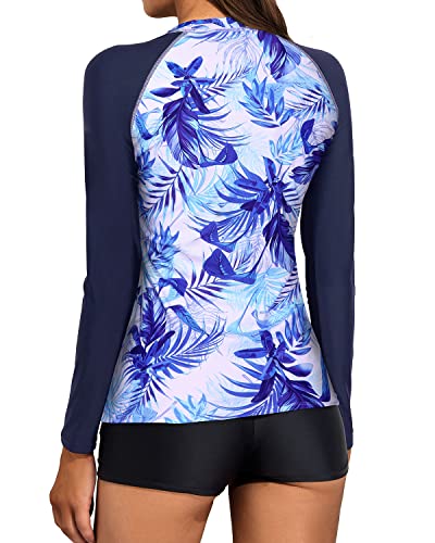 Sporty And Fashionable Ladies Long Sleeve Rash Guard Swimsuit-Blue And White Leaf