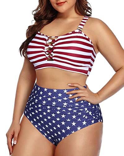 Lace Up High Waisted Plus Size Bikini Swimsuit For Women-National Flag