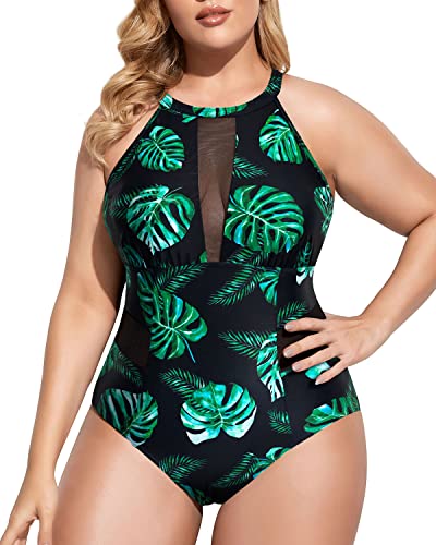 Plunge Mesh Cut Out One Piece Swimsuit For Plus Size Women-Black And G –  Daci