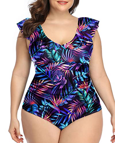 Elegant Ruffled V-Neck One Piece Swimsuit For Plus Size Women-Blue Leaves