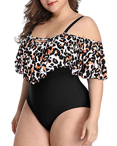 Off Shoulder Ruffle Plus Size Swimsuits-Black And Leopard