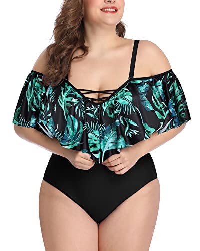 Sexy Lace-Up Off Shoulder One Piece Swimsuits-Black And Green Leaves