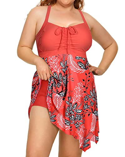 Elegant Skirted Tummy Control Two Piece Swimdress Boyshorts For Women-Pink Flower