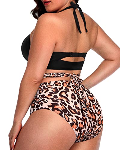 Push Up Halter Bikini Set For Plus Size Women-Black And Leopard