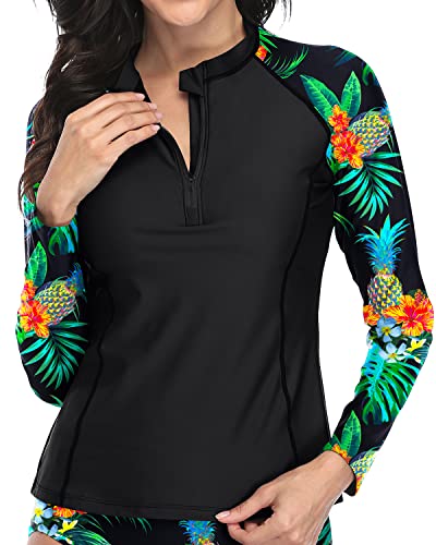 Tight Fit Moisture Wicking Long Sleeve Rashguard Swim Shirt For Women-Pineapple