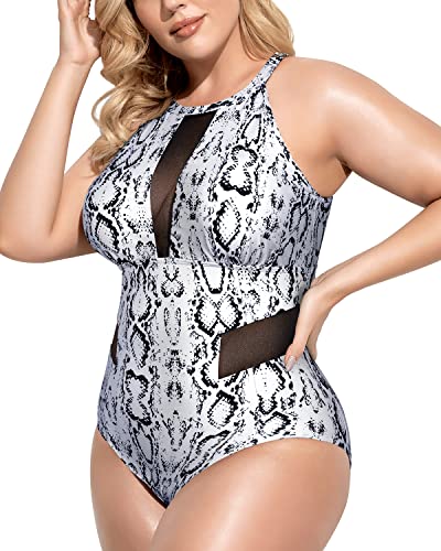 Trendy High Neck Open Back Monokini Plus Size Swimwear-Snake Print