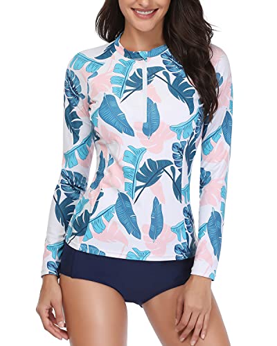 Full Coverage Two Piece Long Sleeve Rash Guard Suit For Women-Blue Pink Leaves