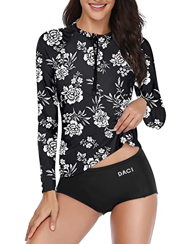 Ladies Upf 50+ Zipper Rash Guard Swimsuit-Black And White Floral