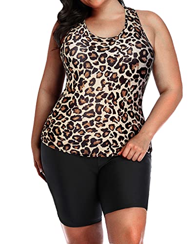 Plus Size Unitard Swimsuit Racerback And Boyshort For Women-Black And Leopard