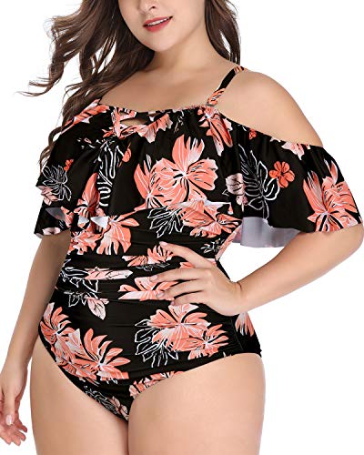 Off Shoulder Ruffled Plus Size One Piece Swimsuits-Black Orange Floral