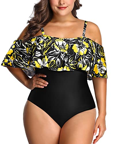 Removable Padded Bra Flounce Top One Piece Swimsuit-Black And Yellow Floral