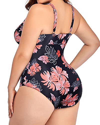 Full Coverage See Through Plus Size One Piece Swimsuit-Black Orange Floral