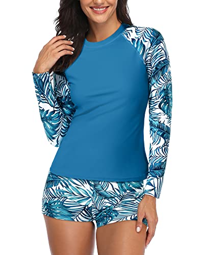 Crew Neck Two Piece Rash Guard Women's Swim Shirt Boyshort Bottom-Blue Leaf