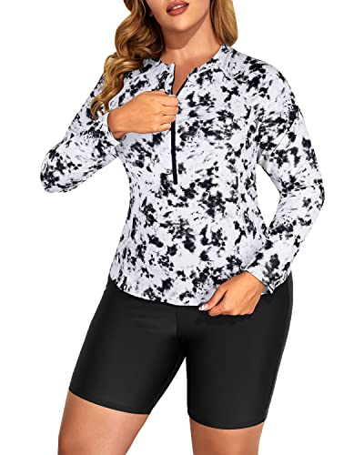 Wireless Padded Boyshorts Rash Guard Swimwear For Plus Size Women-Black And White Tie Dye