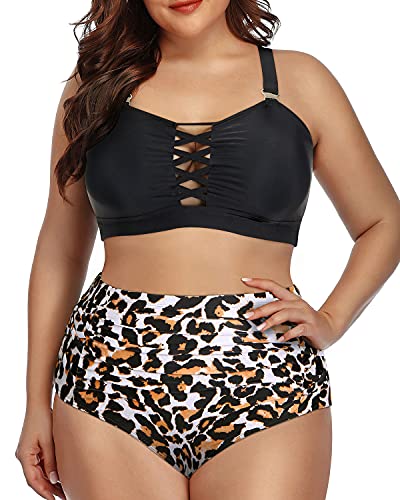 Criss Cross High Waisted Bikini Swimsuit For Plus Size Women-Black And Leopard