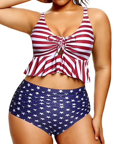 Chic And Sexy Flounce Hemline High Waisted Bikini Plus Size-National Flag