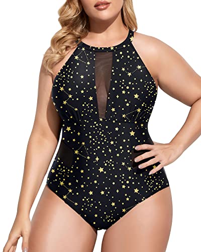 Women's Stylish Mesh-Plunge Plus Size Swimsuit-Gold Stars