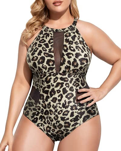 Fashionable Plus Size High-Neck Plunge Swimsuit-Leopard