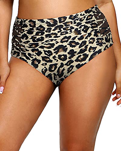 Mesh Inset Plus Size High Waisted Ruched Swimsuit Bottom-Leopard