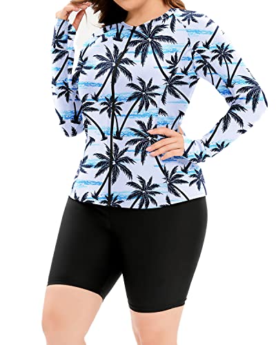 Two Piece Plus Size Tankini Long Sleeve Rash Guard Top-Black Palm Tree