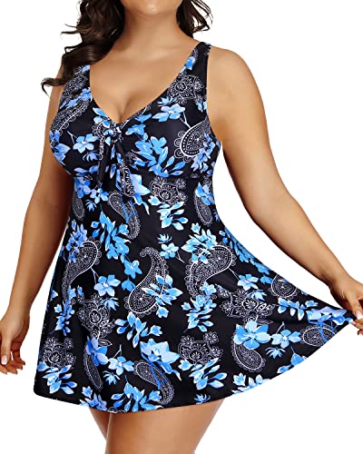 Adjustable Tie-Knot Tankini Swim Dress Boyshorts For Curvy Women-Black Floral