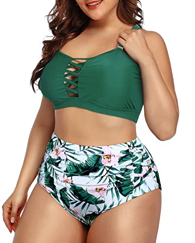 Plus Size Lace Up Bikini High Waisted Ruched Bottom-Green Tropical Floral