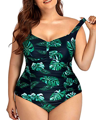 Comfortable Wide Strap One Piece Swimsuits For Curvy Women-Black And Green Leaf