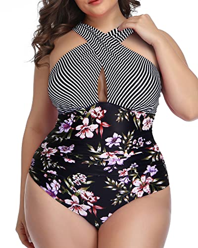 Front Cross Backless Plus Size Swimwear For Women-Stripes And Flowers