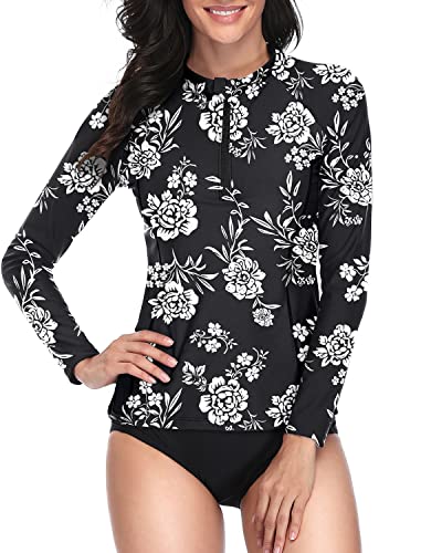 Ladies Upf 50+ Zipper Rash Guard Swimsuit-Black And White Floral