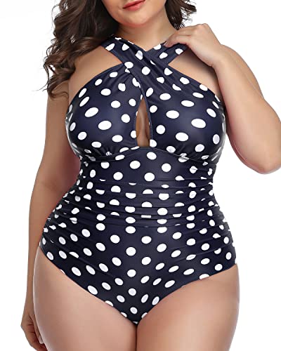 Ruched Tummy Control Front Cross One Piece Swimsuits-Blue Dots