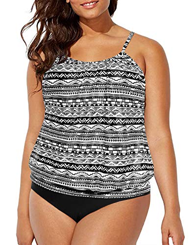 Mom Belly Coverage Plus Size Tankini Swimsuits-Black White Stripe