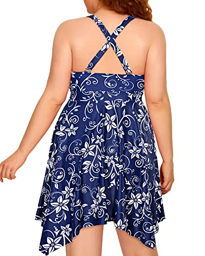 Ruffled Irregular Hem Plus Size Two Piece Swimdress-Blue Flower